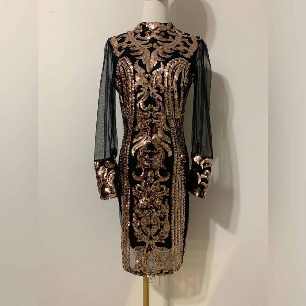 Patterned Gold Sequin Night-Out Dress